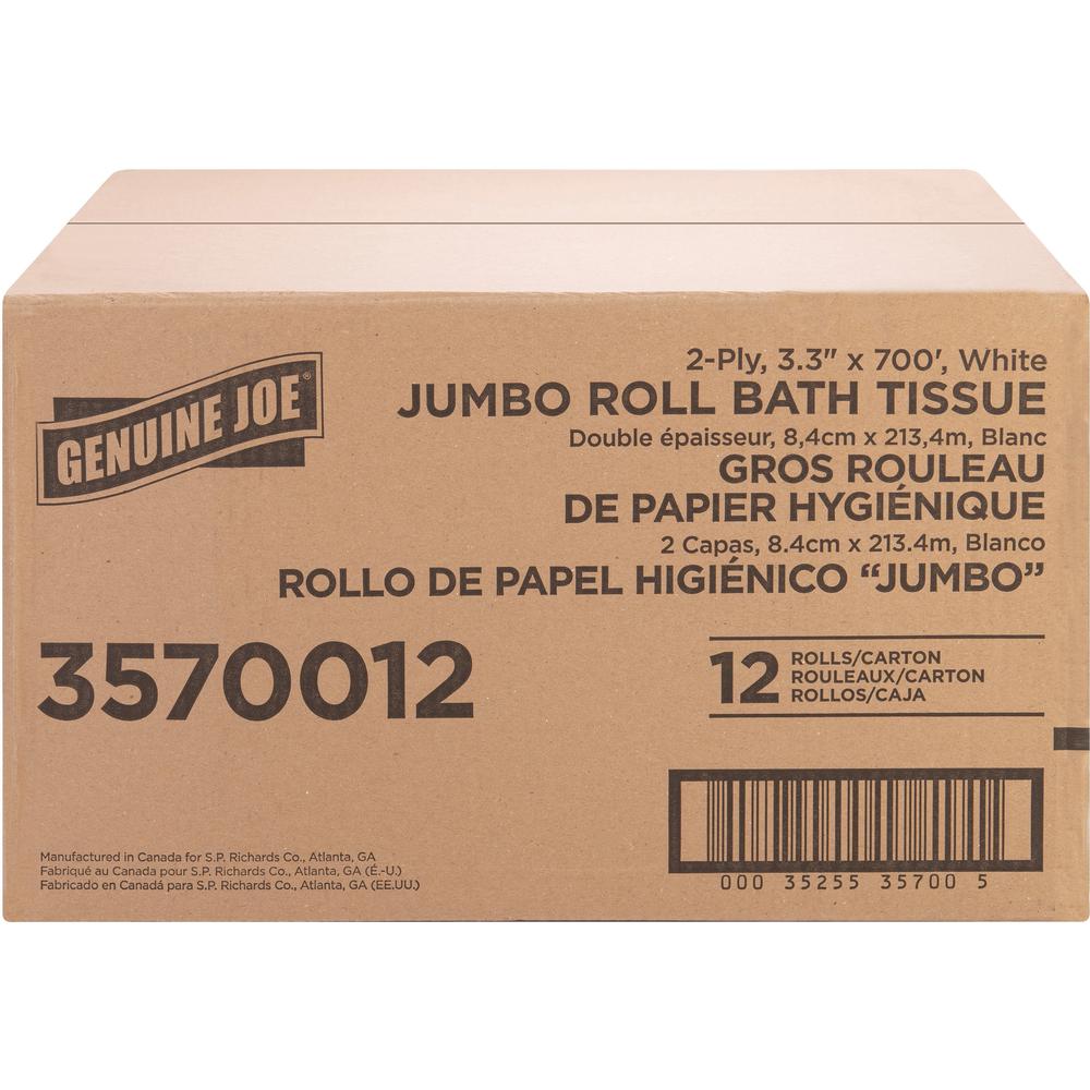 Genuine Joe Jumbo Jr Dispenser Bath Tissue Roll - 2 Ply - 3.30" Width x 700 ft Length - 8.88" Roll Diameter - White - Fiber - 12 / Carton. Picture 9
