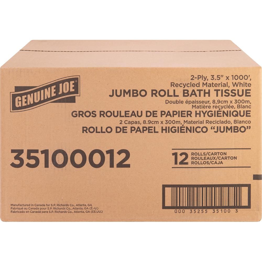 Genuine Joe Jumbo Jr Dispenser Bath Tissue Roll - 2 Ply - 3.50" Width x 1000 ft Length - 8.88" Roll Diameter - White - Fiber - 12 / Carton. Picture 9