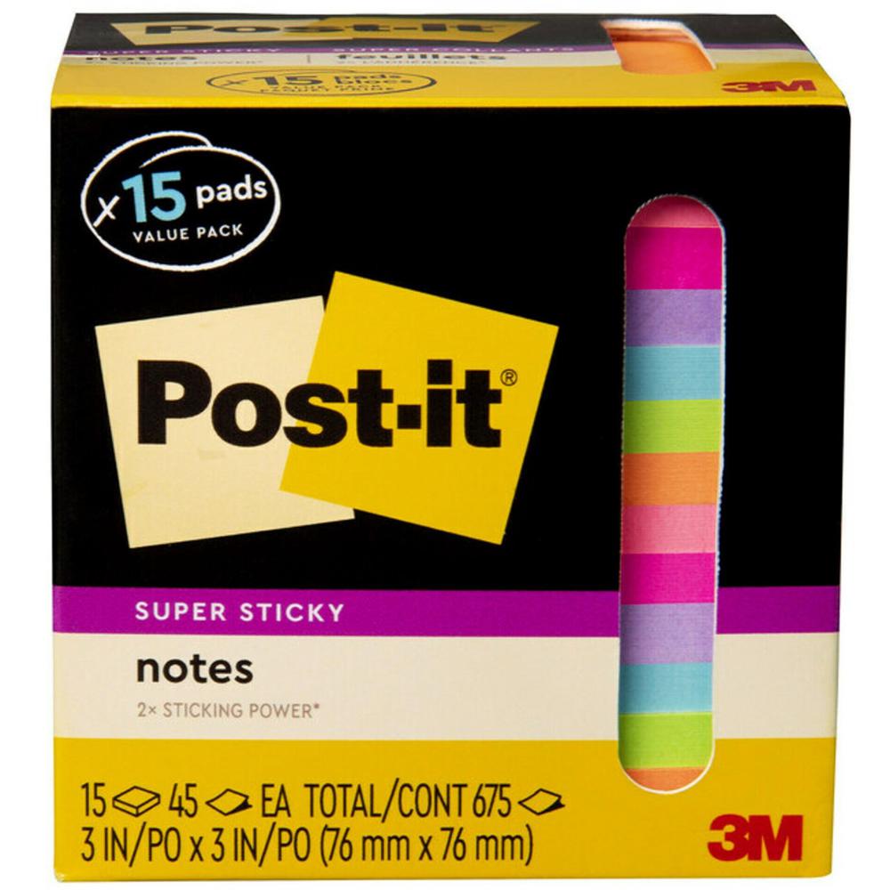 Post-it&reg; Super Sticky Notes - 15 - 3" Flag/Note Width x 3" Flag/Note Length - Square - 45 Sheets per Pad - Neon Orange, Tropical Pink, Power Pink, Iris, Blue Paradise, Neon Green Limeade - Adhesiv. Picture 3
