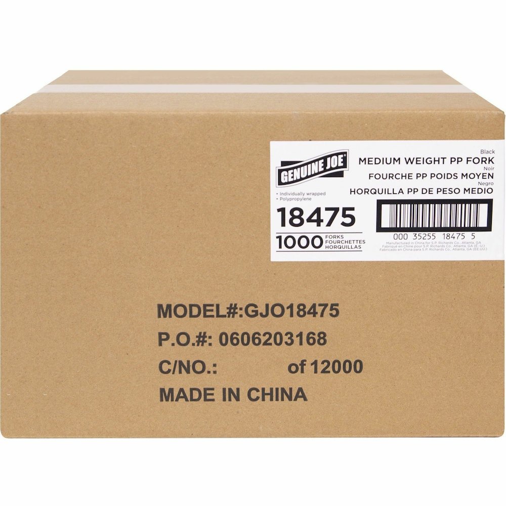 Genuine Joe Medium-weight Individually Wrapped Forks - Fork - Breakroom - Disposable - Polypropylene - Black - 1000 / Carton. Picture 3