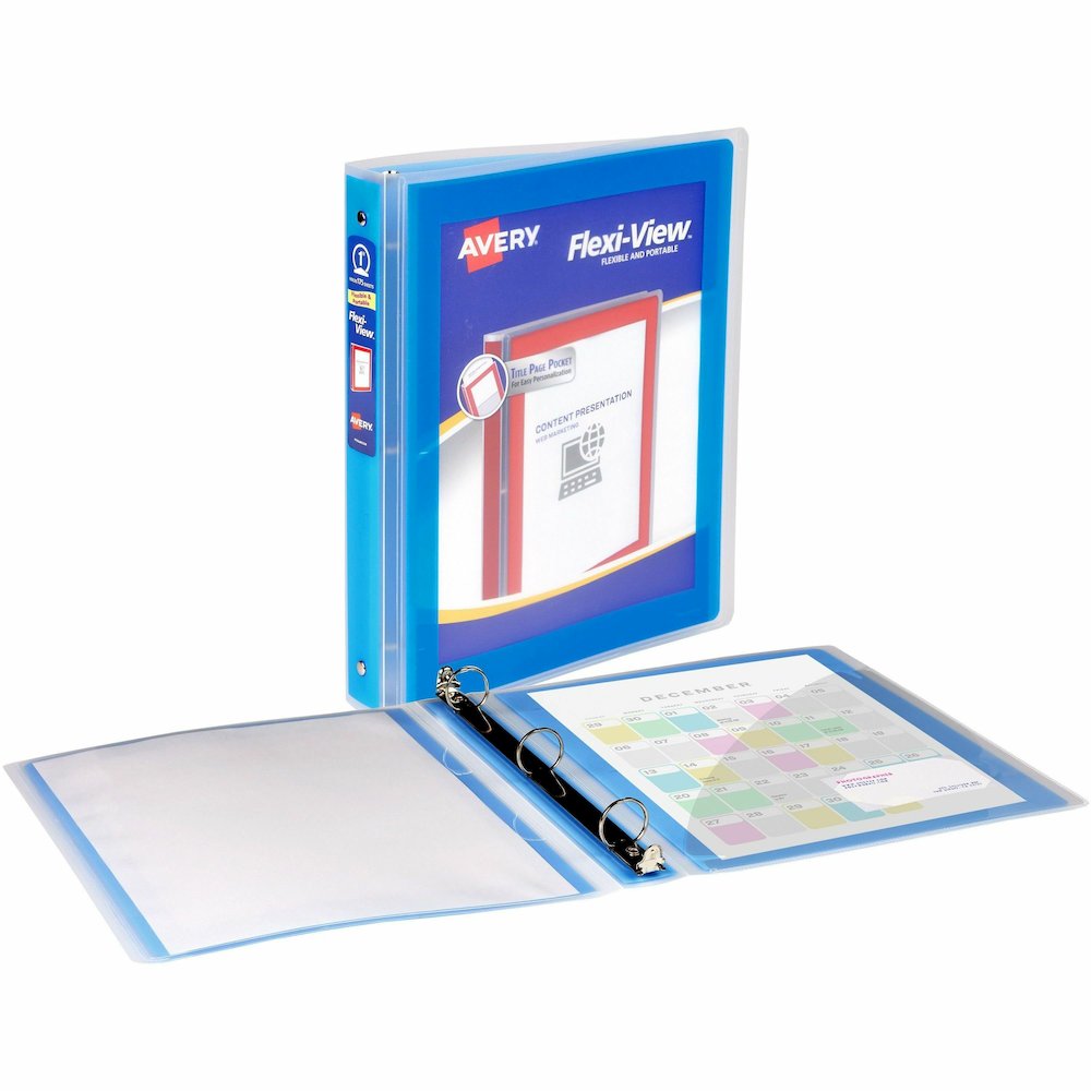 Avery&reg; Flexi-View 3 Ring Binder, 1 Inch Round Rings, 1 Blue Binder - 1" Binder Capacity - Letter - 8 1/2" x 11" Sheet Size - 175 Sheet Capacity - Fastener: Round Ring - Pocket: 1, Inside Back - Po. Picture 3
