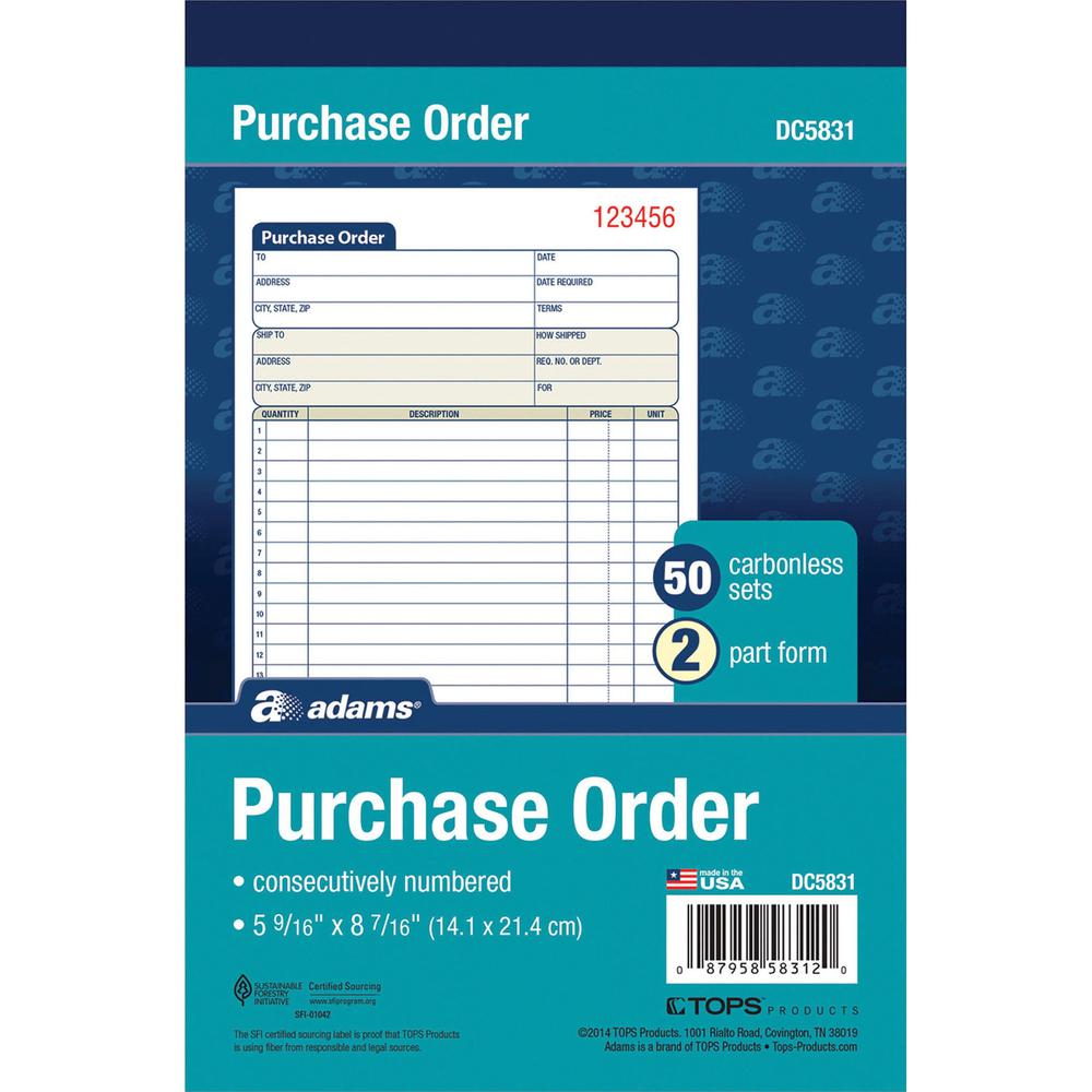 Adams Carbonless Purchase Order Statement - Tape Bound - 2 PartCarbonless Copy - 5.56" x 8.43" Sheet Size - 2 x Holes - White, Canary - Assorted Sheet(s) - 1 Each. Picture 5