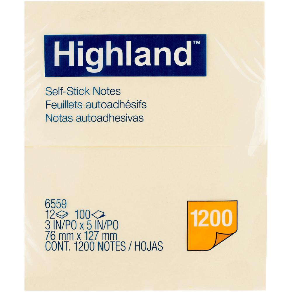 Highland Self-sticking Notepads - 1200 - 3" Flag/Note Width x 5" Flag/Note Length - Rectangle - 100 Sheets per Pad - Unruled - Yellow - Paper - Self-adhesive, Repositionable - 12 / Pack. Picture 3
