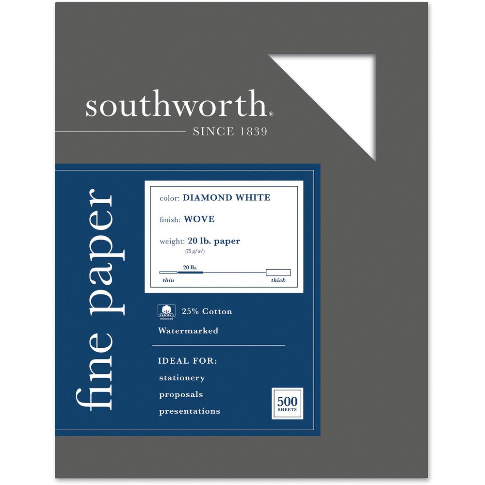 Southworth Diamond White Business Paper - Letter - 8 1/2" x 11" - 20 lb Basis Weight - Wove - 500 / Box - Acid-free, Watermarked - Diamond White. Picture 3