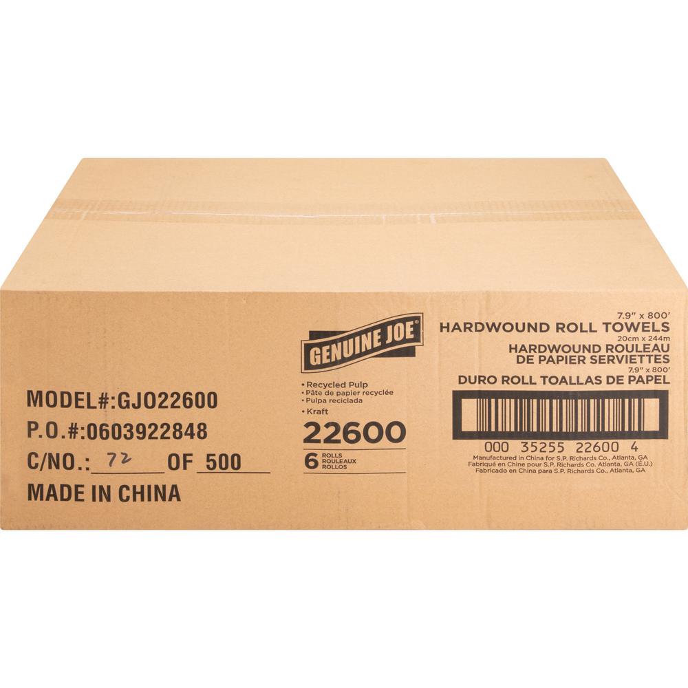 Genuine Joe Embossed Hardwound Roll Towels - 7.90" Width x 800 ft Length - 2" Core - Natural - 6 / Carton. Picture 3