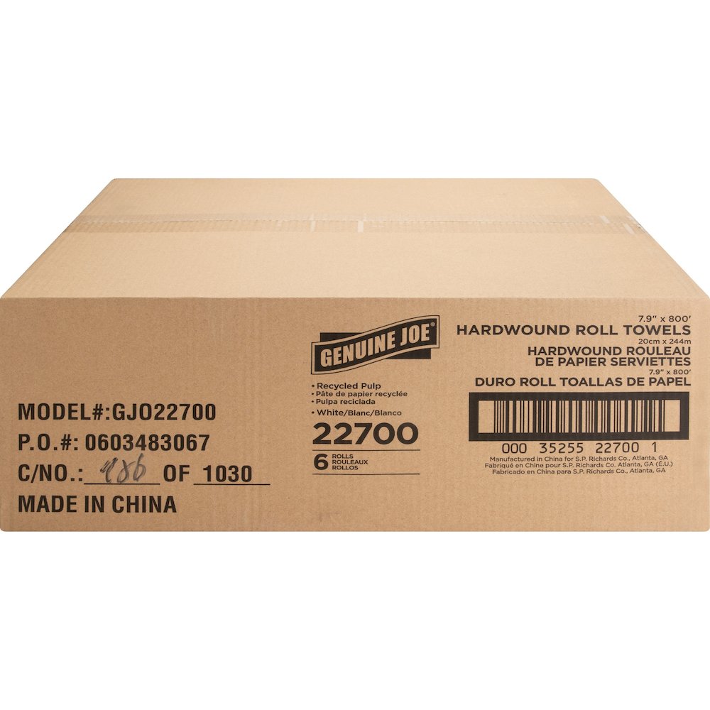 Genuine Joe Hardwound Roll Paper Towels - 7.90" Width x 800 ft Length - 2" Core - White - 6 / Carton. Picture 3