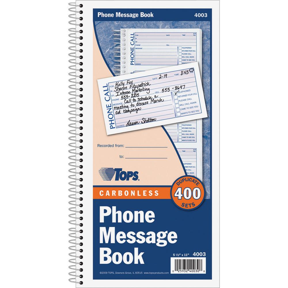 TOPS Carbonless Phone Message Book - Double Sided Sheet - Spiral Bound - 2 Part - Carbonless Copy - 5.50" x 11" Sheet Size - White - Assorted Sheet(s) - Blue, Red Print Color - 1 Each. Picture 2