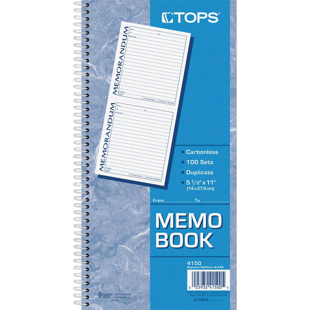 TOPS Memorandum Forms Book - 100 Sheet(s) - Spiral Bound - 2 PartCarbonless Copy - 5.50" x 5" Form Size - 5.50" x 11" Sheet Size - White, Canary - Assorted Sheet(s) - Blue, Red Print Color - 1 Each. Picture 2