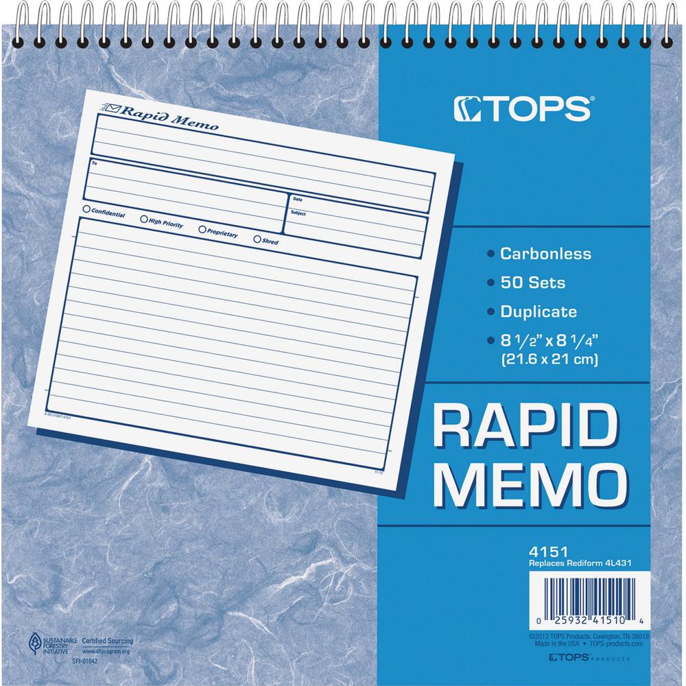 TOPS Rapid Memo Book - Spiral Bound - 2 PartCarbonless Copy - 8.50