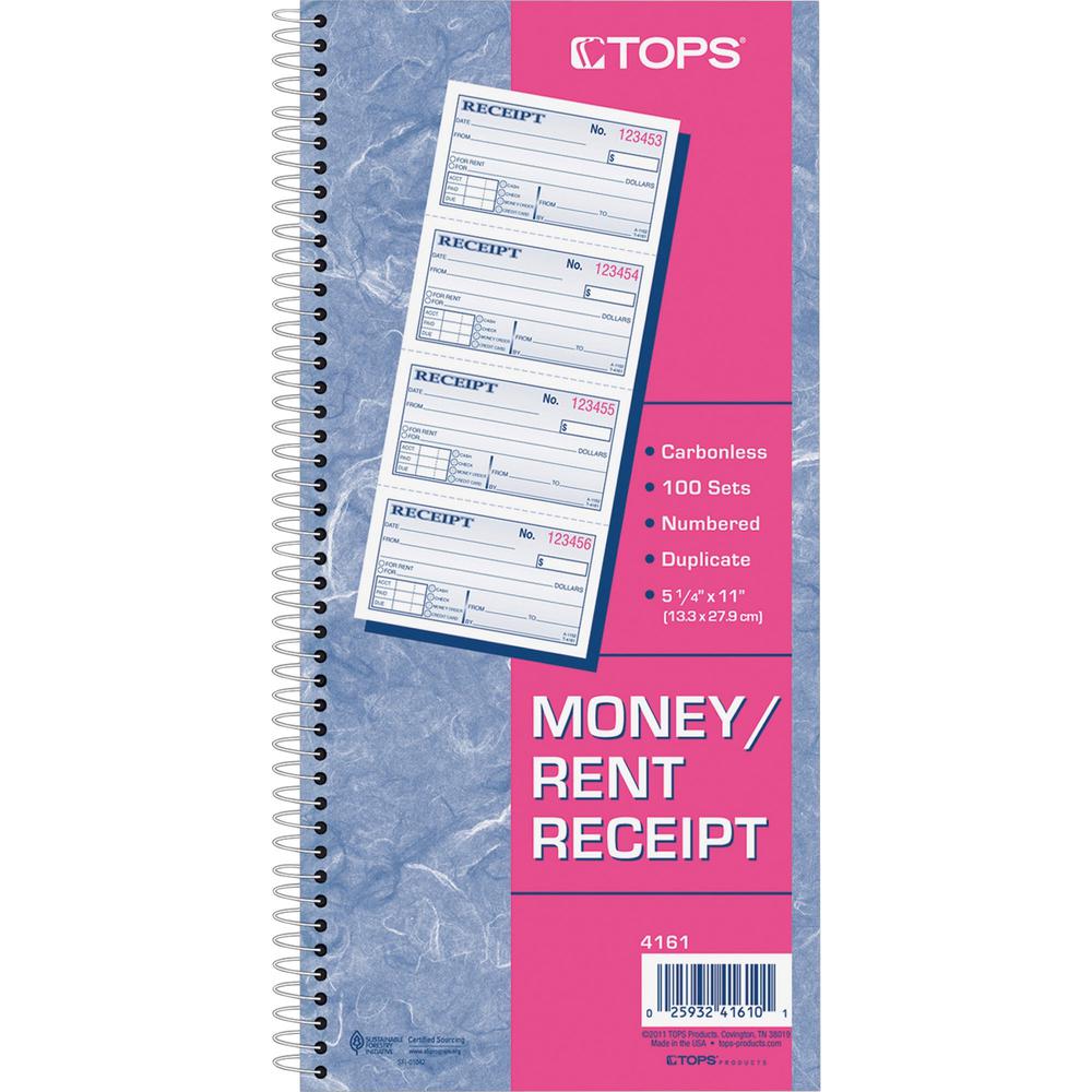 TOPS Carbonless 2-part Money Receipt Book - 200 Sheet(s) - Wire Bound - 2 PartCarbonless Copy - 5.50" x 11" Sheet Size - Canary, White - Blue, Red Print Color - 1 Each. Picture 3