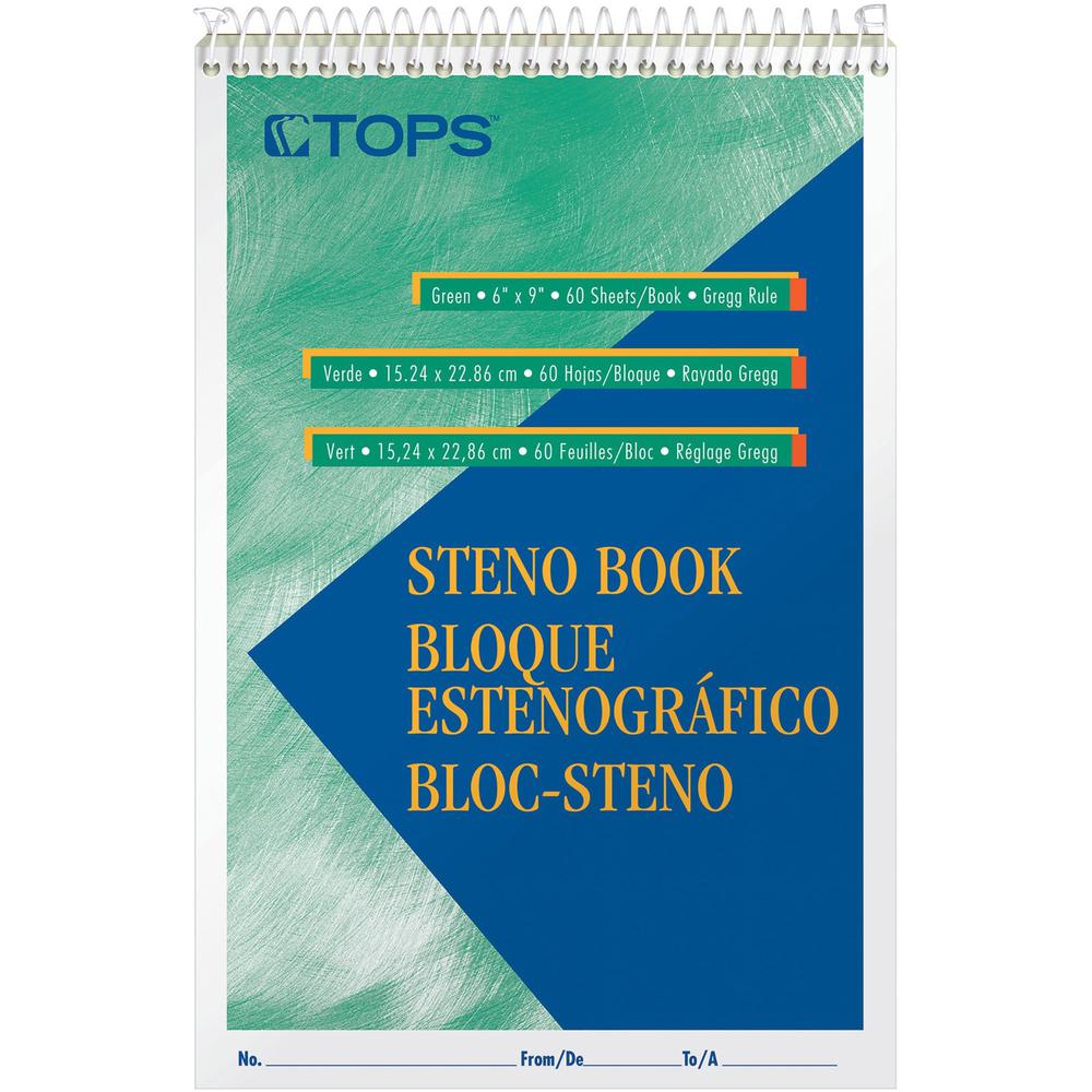 TOPS Green Tint Steno Books - 60 Sheets - Wire Bound - Ruled Margin - 6" x 9" Sheet Size - Green Paper - Hardboard Cover - WireLock - 12 / Pack. Picture 2