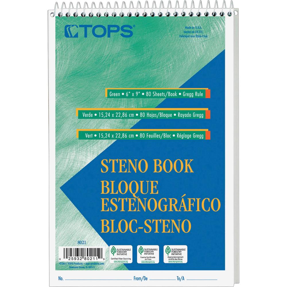 TOPS Steno Books - 80 Sheets - Wire Bound - Gregg Ruled Margin - 6" x 9" Sheet Size - White Paper - Hardboard Cover - WireLock - 12 / Pack. Picture 4