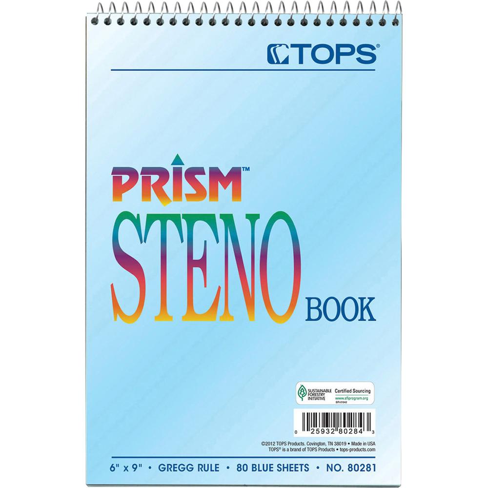 TOPS Prism Steno Books - 80 Sheets - Wire Bound - Gregg Ruled Margin - 6" x 9" Sheet Size - Blue Paper - Perforated, Stiff-back, WireLock - 4 / Pack. Picture 2