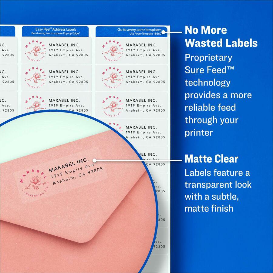 Avery&reg; Easy Peel Inkjet Printer Mailing Labels - x 1" Width x 2 5/8" Length - Permanent Adhesive - Rectangle - Inkjet - Matte - Clear - Film - 30 / Sheet - 25 Total Sheets - 750 Total Label(s) - F. Picture 3