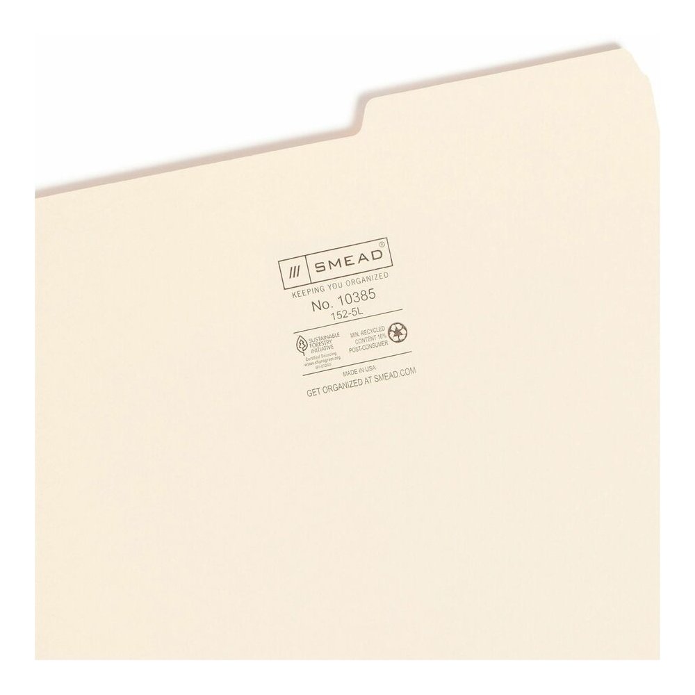 Smead 2/5 Tab Cut Letter Recycled Top Tab File Folder - 8 1/2" x 11" - 3/4" Expansion - Top Tab Location - Right Tab Position - 11 pt. - 1 Plys - Manila - Rounded Corner - 10% Recycled - 100 / Box. Picture 4