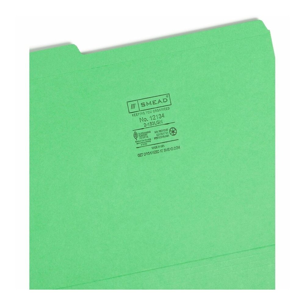 Smead Colored 1/3 Tab Cut Letter Recycled Top Tab File Folder - 8 1/2" x 11" - 3/4" Expansion - Top Tab Location - Assorted Tab Position - 11 pt. - 2 Plys - Green - 10% Recycled - 100 / Box. Picture 2