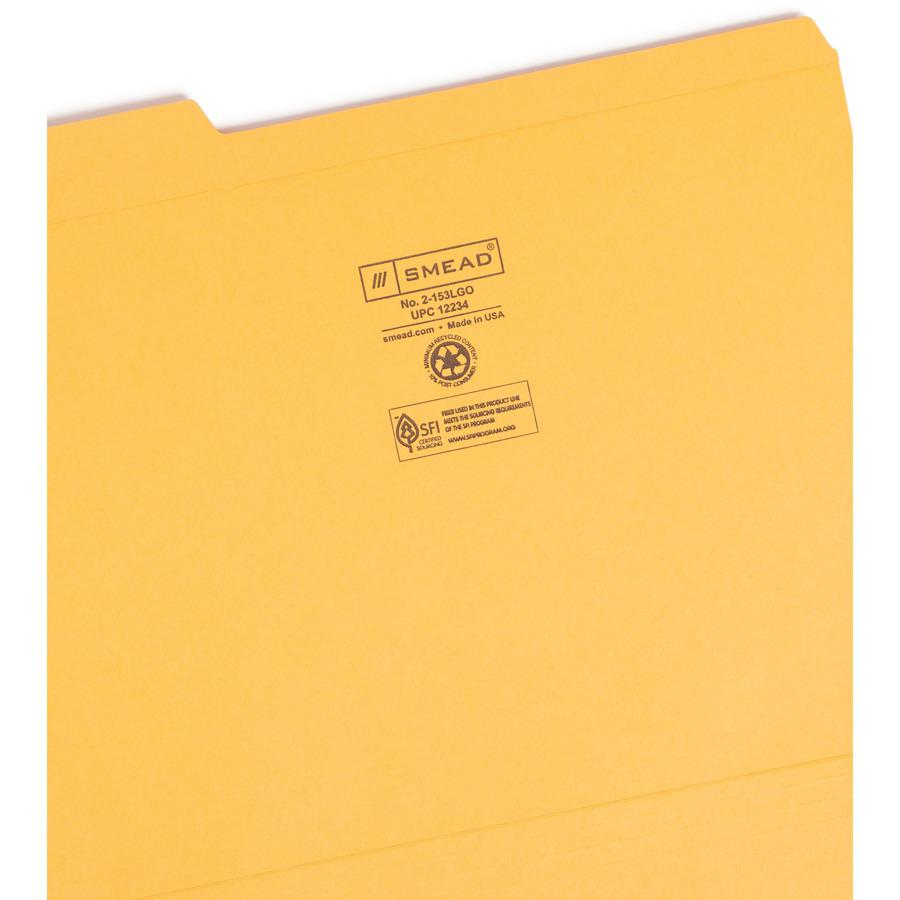 Smead Colored 1/3 Tab Cut Letter Recycled Top Tab File Folder - 8 1/2" x 11" - 3/4" Expansion - Top Tab Location - Assorted Position Tab Position - Goldenrod - 10% Recycled - 100 / Box. Picture 7