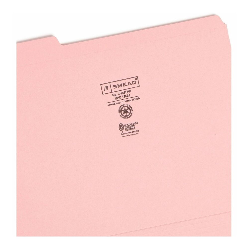 Smead Colored 1/3 Tab Cut Letter Recycled Top Tab File Folder - 8 1/2" x 11" - 3/4" Expansion - Top Tab Location - Assorted Tab Position - 11 pt. - 2 Plys - Pink - Reinforced - 10% Recycled - 100 / Bo. Picture 2