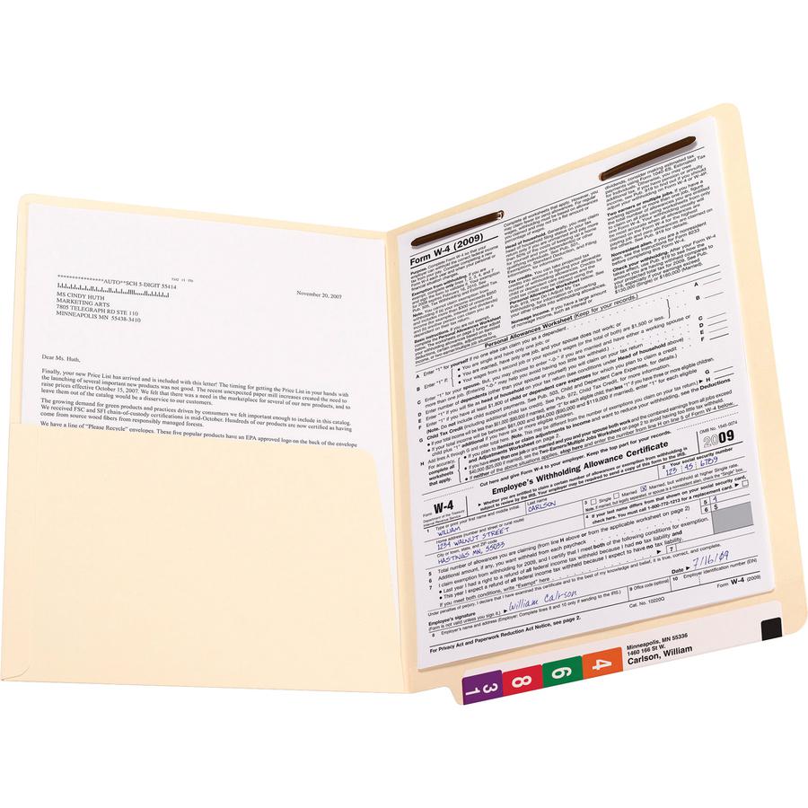 Smead Straight Tab Cut Letter Recycled Fastener Folder - 8 1/2" x 11" - 3/4" Expansion - 1 x 2B Fastener(s) - 2" Fastener Capacity for Folder - 1 Inside Front Pocket(s) - Manila - 10% Recycled - 50 / . Picture 7