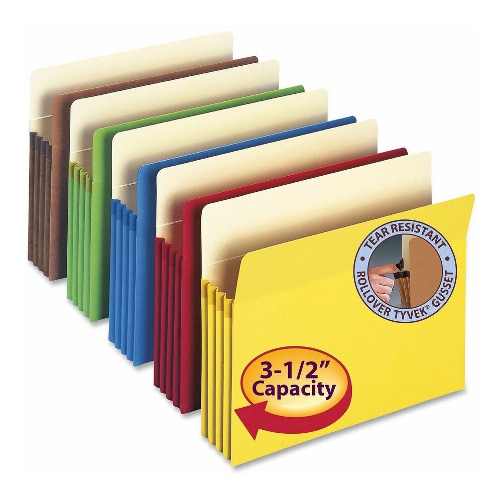 Smead Straight Tab Cut Letter Recycled File Pocket - 8 1/2" x 11" - 3 1/2" Expansion - Top Tab Location - Yellow, Green, Red, Blue, Redrope - Tear Resistant - 10% Recycled - 25 / Box. Picture 3