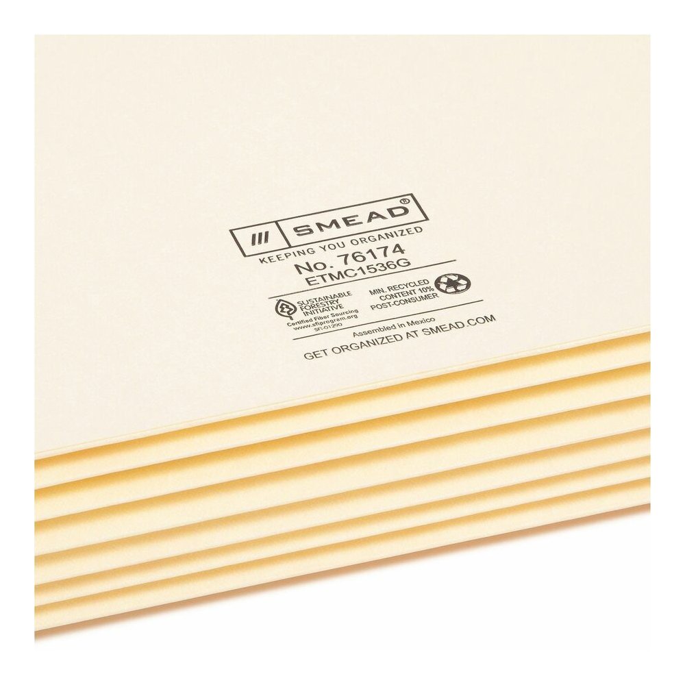 Smead Straight Tab Cut Legal Recycled File Pocket - 8 1/2" x 14" - 5 1/4" Expansion - 11 pt. - 2 Plys - Manila - Reinforced Gusset, Embossed, Tear Resistant - 10% Recycled - 10 / Box. Picture 4