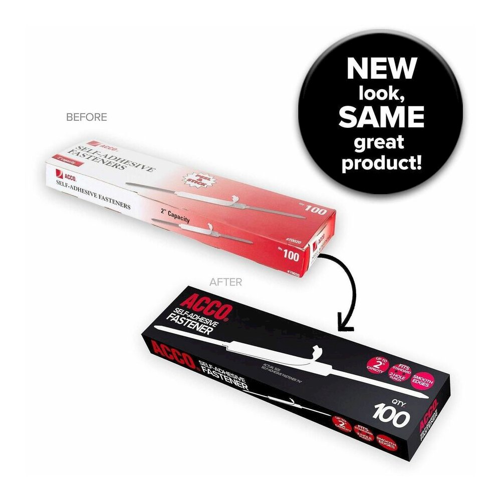 ACCO Self-Adhesive Fasteners - 2.70" Size Capacity - Self-adhesive, Coined Edge - Steel - 100 / Box. Picture 2