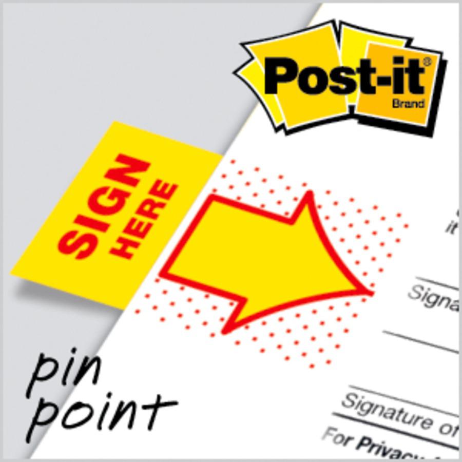 Post-it&reg; Message Flags - 100 x Yellow - 1" Flag/Note Width x 1 3/4" Flag/Note Length - Arrow, Rectangle - Unruled - SIGN HERE - Yellow - Removable, Self-adhesive - Dispenser Included - 100 / Pack. Picture 3