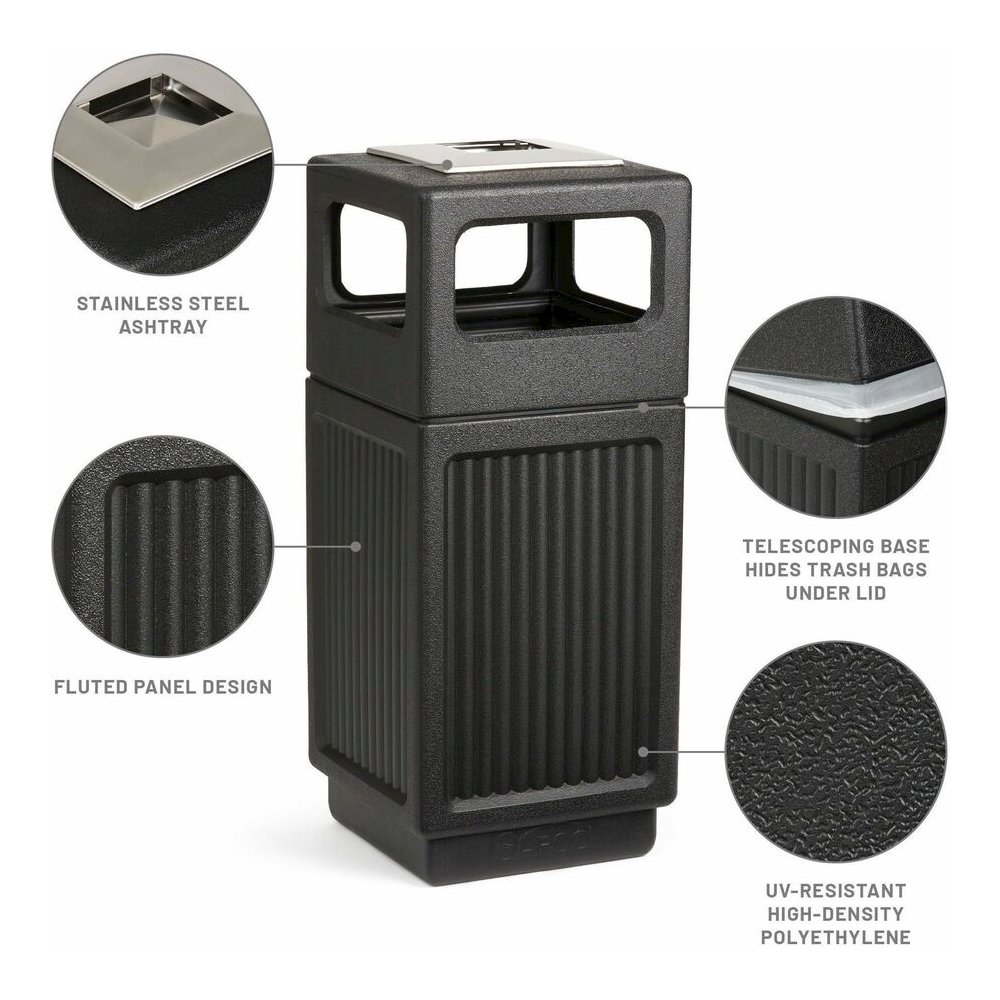 Safco Recessed Panels Waste Receptacle - 15 gal Capacity - 32.8" Height x 13.8" Width x 13.8" Depth - Polyethylene - Black - 1 Each. Picture 6