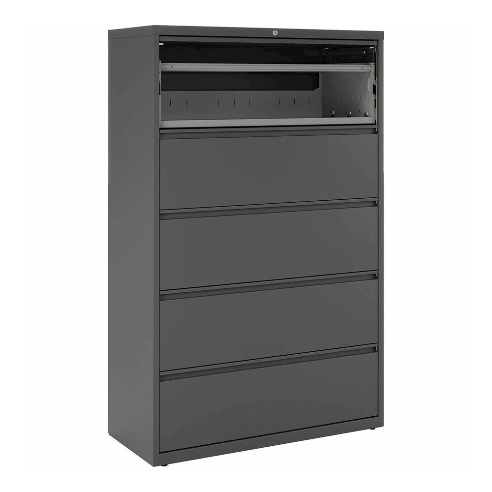 Lorell Fortress Series Lateral File w/Roll-out Posting Shelf - 42" x 18.6" x 67.7" - 5 x Drawer(s) - Legal, Letter, A4 - Lateral - Rust Proof, Leveling Glide, Interlocking - Charcoal - Steel - Recycle. Picture 9