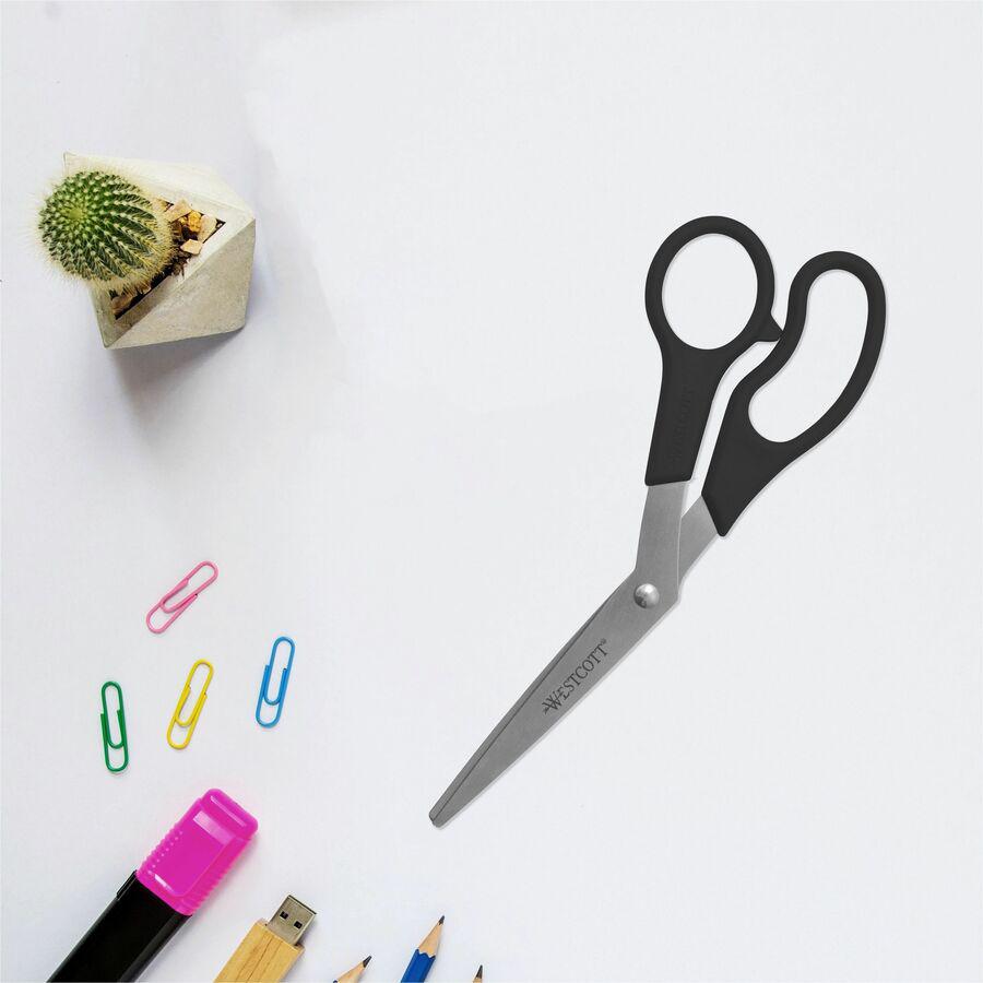 Westcott 8" All Purpose Bent Scissors - 3.50" Cutting Length - 8" Overall Length - Bent - Stainless Steel - Pointed Tip - Black - 3 / Pack. Picture 8