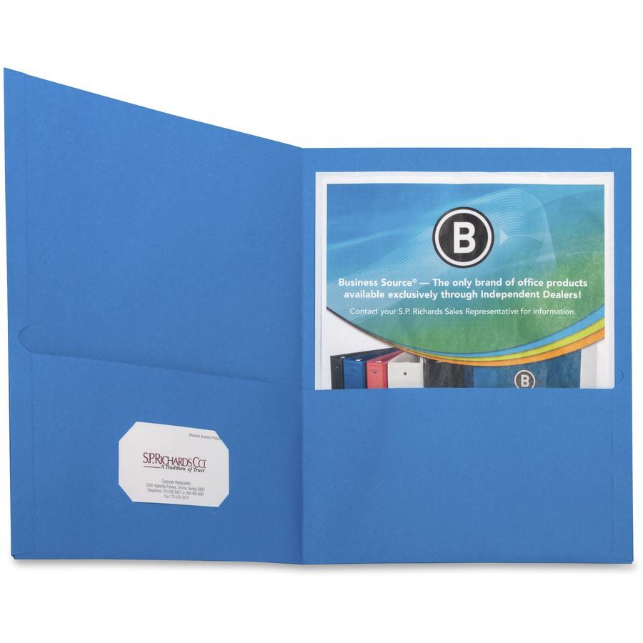 Business Source Letter Recycled Pocket Folder - 8 1/2" x 11" - 100 Sheets Capacity - 2 Internal Pocket - Paper - Assorted - Die-cut, Card Holder - 35% Recycled - 25 / Box. Picture 7
