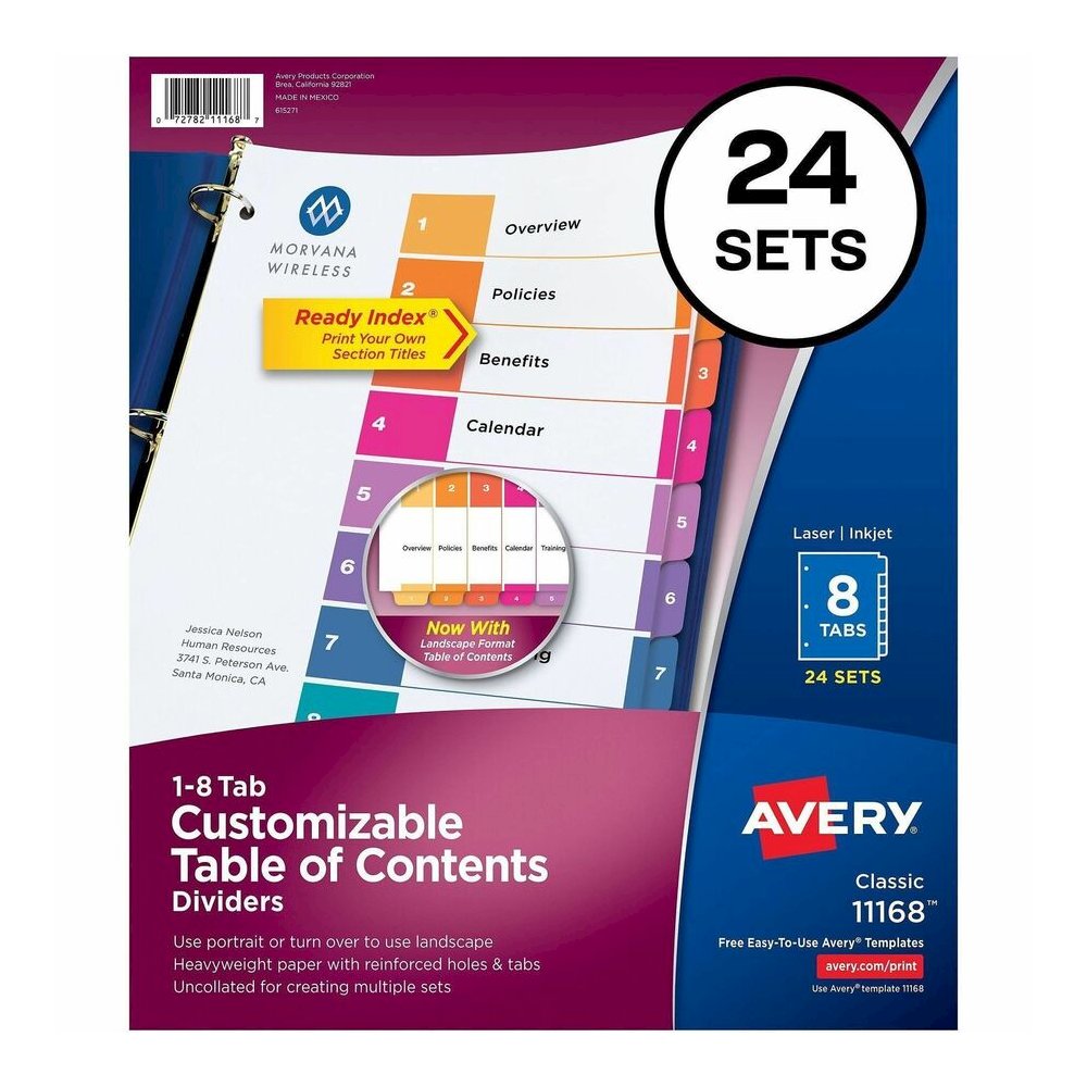 Avery Dividers, 8 Tabs, Ready Index (24 Sets of 11168) - 192 x Divider(s) - 192 Tab(s) - Digit - 1-8, Table of Contents - 8 Tab(s)/Set - 8.5" Divider Width x 11" Divider Length - 3 Hole Punched - Whit. Picture 2