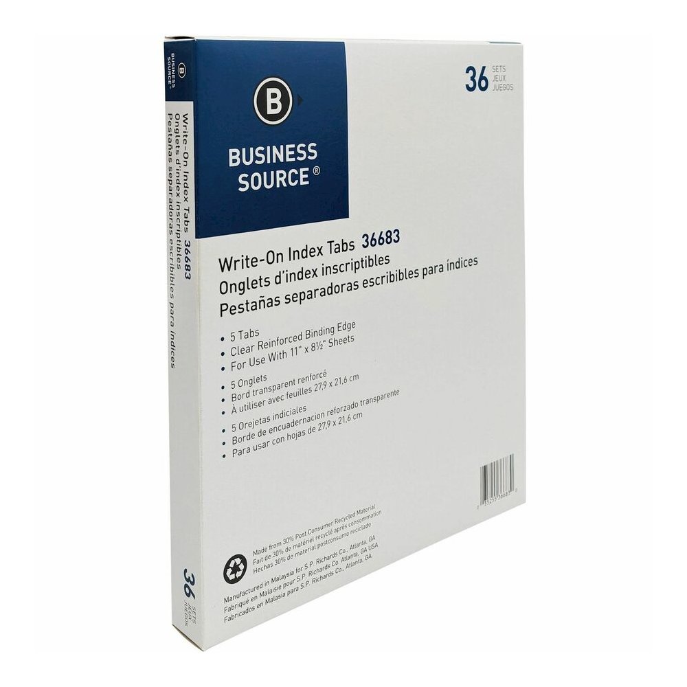 Business Source Reinforced Hole Punched Indexes - 5 Write-on Tab(s) - 5 Tab(s)/Set - 3 Hole Punched - White Divider - 100% Yes - Non-laminated, Mylar Reinforcement - 1 Box. Picture 2
