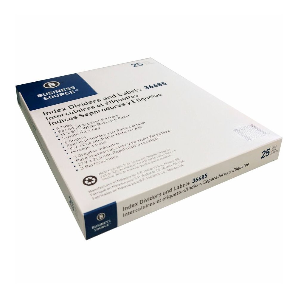 Business Source Punched Laser Index Dividers - 5 Blank Tab(s) - 5 Tab(s)/Set - 8.5" Divider Width x 11" Divider Length - Letter - 3 Hole Punched - White Paper Divider - White Tab(s) - 100% Recycled - . Picture 2