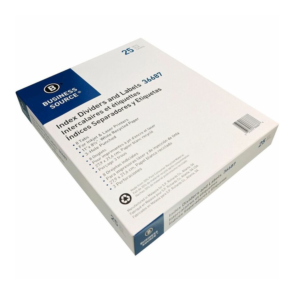 Business Source Punched Laser Index Dividers - 8 Blank Tab(s) - 8 Tab(s)/Set - 8.5" Divider Width x 11" Divider Length - Letter - 3 Hole Punched - White Paper Divider - White Tab(s) - 100% Recycled - . Picture 3