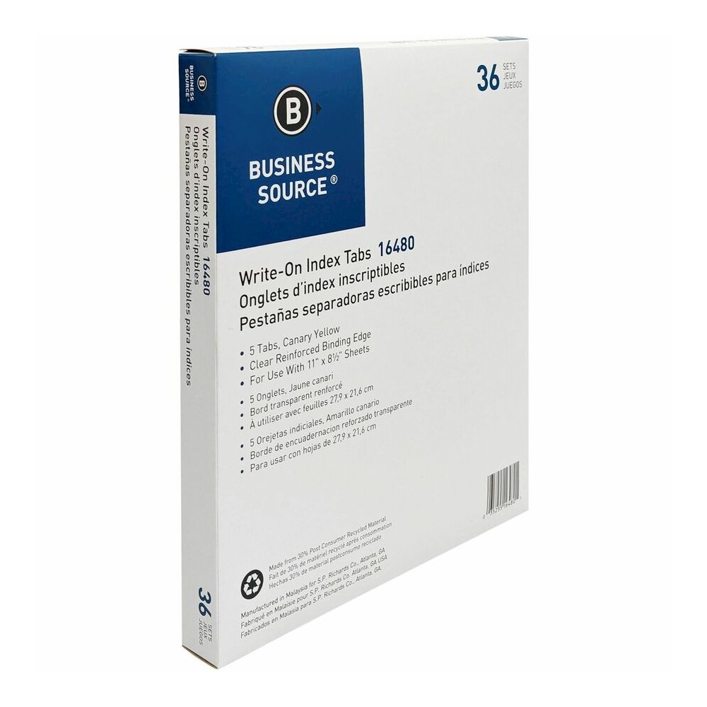 Business Source Mylar-reinforced Plain Tab Indexes - 5 Write-on Tab(s) - 5 Tab(s)/Set - 8.5" Divider Width x 11" Divider Length - Letter - 3 Hole Punched - Canary Tab(s) - Hole-punched, Mylar Reinforc. Picture 4