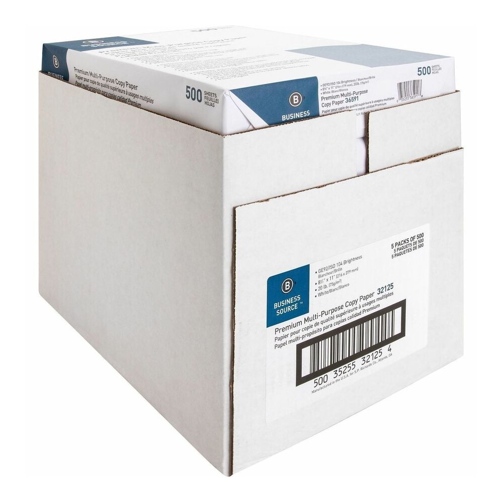Business Source Premium Multipurpose Copy Paper - White - 92 Brightness - Letter - 8 1/2" x 11" - 20 lb Basis Weight - Acid-free - White - 2500 Sheets - 500 Sheets per Ream - 5 / Carton. Picture 4