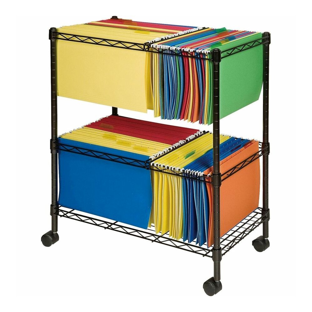 Lorell 2-Tier Wire Mobile File Cart - 4 Casters - Steel - 26" Width x 12.50" Depth x 30" Height - Black - 1 Each. Picture 2