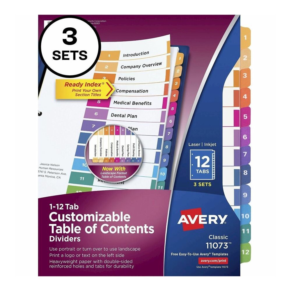 Avery Dividers, 12 Tabs, Ready Index (3 Sets of 11073) - 36 x Divider(s) - 36 Tab(s) - Digit - 1-12 - 12 Tab(s)/Set - 8.5" Divider Width x 11" Divider Length - 3 Hole Punched - White Paper Divider - M. Picture 4