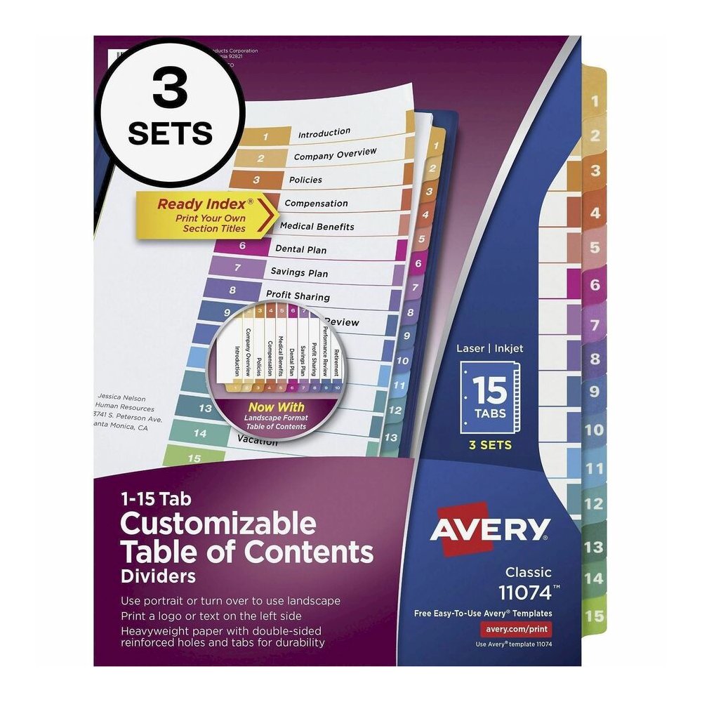 Avery Dividers, 15 Tabs, Ready Index, (3 Sets of 11074) - 45 x Divider(s) - 45 Tab(s) - Digit - 1-15 - 15 Tab(s)/Set - 8.5" Divider Width x 11" Divider Length - 3 Hole Punched - White Paper Divider - . Picture 4