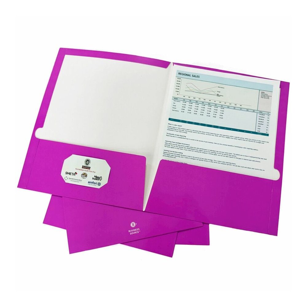 Business Source Letter No Pocket Folder - 8 1/2" x 11" - 100 Sheets Capacity - 2 Internal Pocket - Card Paper - Purple - Durable, Laminated, Die-cut - 1 Box. Picture 5