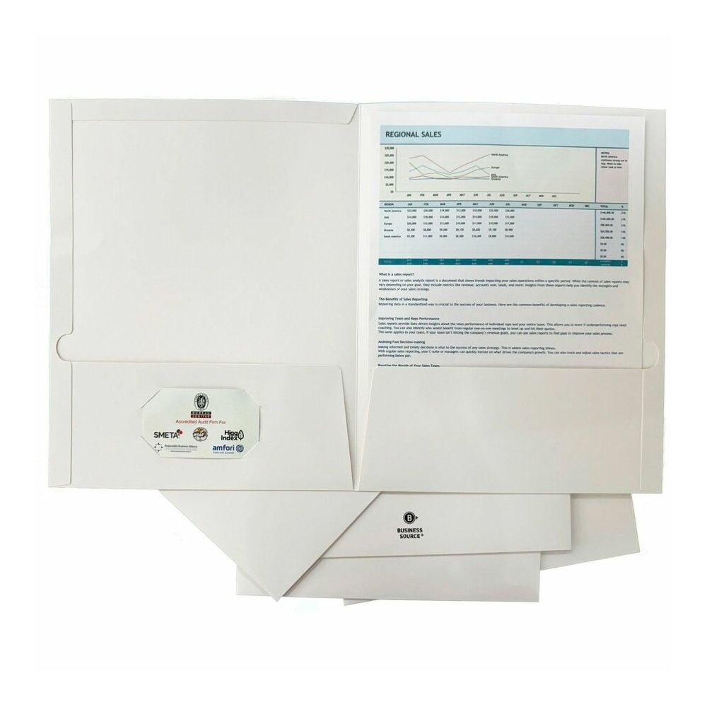 Business Source Letter Pocket Folder - 8 1/2" x 11" - 100 Sheets Capacity - 2 Internal Pocket - White - Laminated, Durable, Die-cut - 1 Box. Picture 4