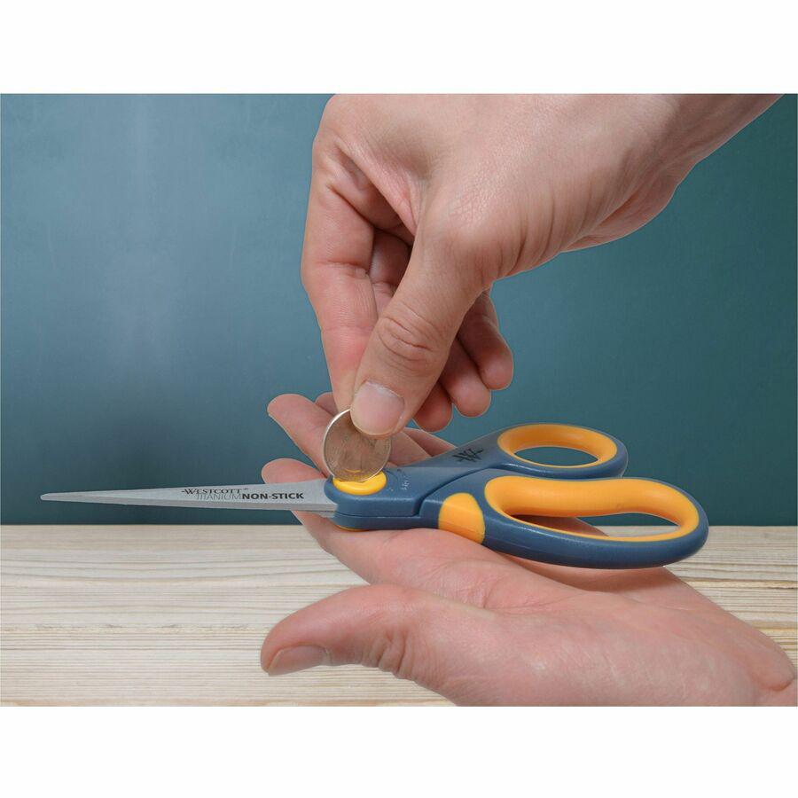 Westcott 8" Titanium Nonstick Straight Scissors - 3.25" Cutting Length - 8" Overall Length - Straight-left/right - Titanium - Pointed Tip - Yellow - 3 / Pack. Picture 4