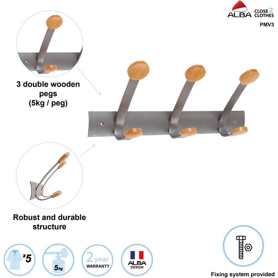 Alba Double Wooden Wall Coat Hook - 3 Hooks - 3 Pegs - 6.9" Height x 17.7" Width - for Coat, Clothes - Metal - Powder Coated - 1 Each. Picture 3