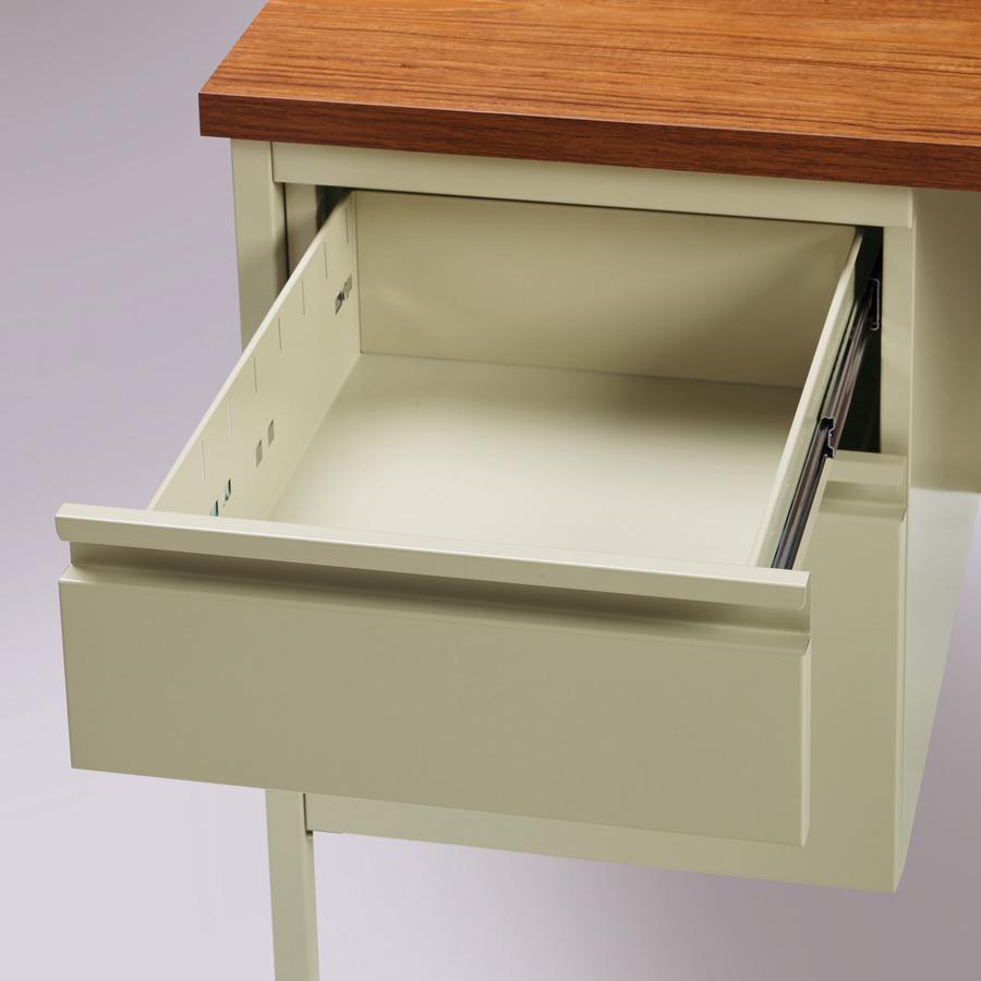 Lorell Fortress Series Left-Pedestal Desk - Rectangle Top - 66" Table Top Width x 30" Table Top Depth x 1.12" Table Top Thickness - 29.50" Height - Office, File - Assembly Required - Oak, Oak Laminate. Picture 11