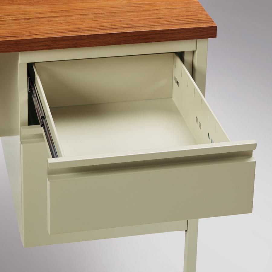 Lorell Fortress Series 66" Right-Pedestal Desk - Oak Laminate Rectangle Top - 30" Table Top Length x 66" Table Top Width x 1.13" Table Top Thickness - 29.50" Height - Assembly Required - Oak, Putty - . Picture 5