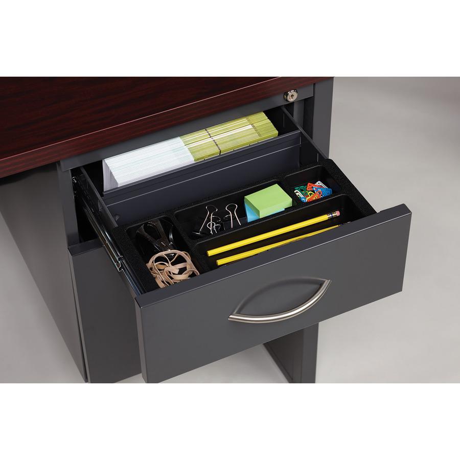 Lorell Fortress Modular Series Right-Pedestal Desk - 66" Width x 30" Depth, x 1.1" Thickness Top - Total Drawer(s): 2 - Single Pedestal on Right Side - Material: Steel - Finish: Mahogany Laminate, Cha. Picture 3