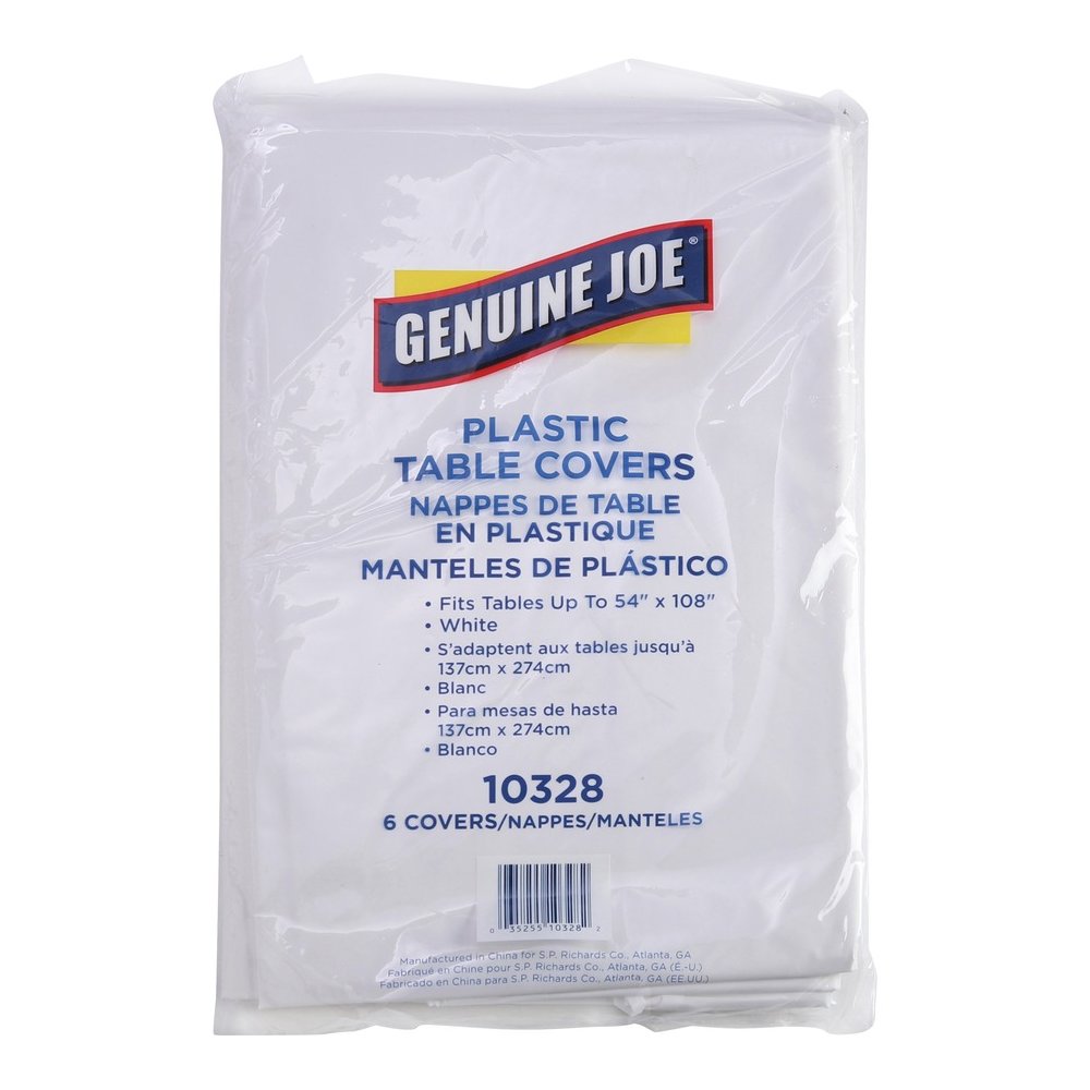 Genuine Joe Plastic Rectangular Table Covers - 108" Length x 54" Width - Plastic - White - 6/Pack - 4 / Carton. Picture 3