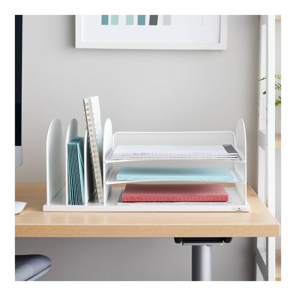 Safco Onyx 3 Tray/3 Upright Section Desk Organizer - 8.25" Height x 19.50" Width x 11.50" Depth - Desktop - White - Steel - 1 Each. Picture 4