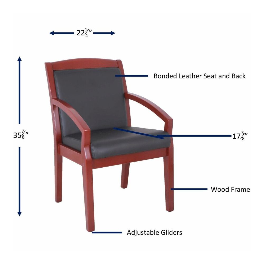 Lorell Sloping Arms Wood Frame Guest Chair - Black Seat Color - Bonded Leather Seat Material - Black Back Color - Bonded Leather Back Material - Mahogany Frame Color - Solid Wood, Rubberwood Frame Mat. Picture 4